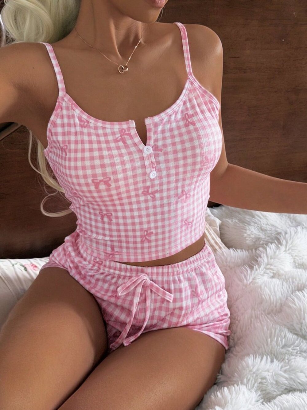 Pink Slim Fit Women's Casual Plaid Bow Print  Pajama Set